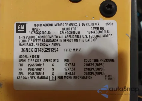 2003 Chevrolet Avalanche 1500 z USA, uszkodzony, nr VIN 3GNEK13T43G291394